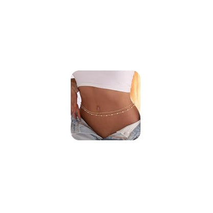 CAROVO Belly Waist Chain for Women 14K Gold Silver Plated Layered Body Chains Boho Cuban Figaro Pearl Heart Coin Satellite Bead Belly Chain Sexy Bikini Body Jewelry for Women Adjustable - style: C:Pearl Satellite GD