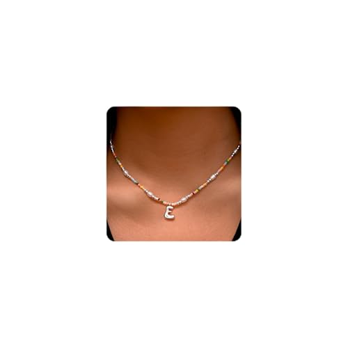 Ritach Initial Necklaces for Women Girls Kids - Light Colorful Beaded Pearl Initial Necklace Gold/Silver Bubble Pendant Letter Necklace for Women Teens Girls Kids Birthday Gifts - color: Silver, style: E