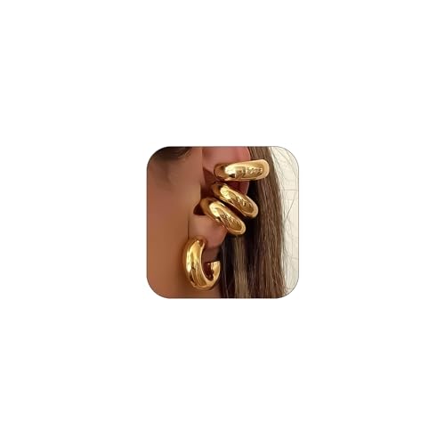 Chunky Gold Ear Cuffs Earrings for Women Non Piercing Gold Cuff Clip On Cartilage Hoop Earring Trendy Lightweight Thick Cuff Earrings for Women - color: gold2