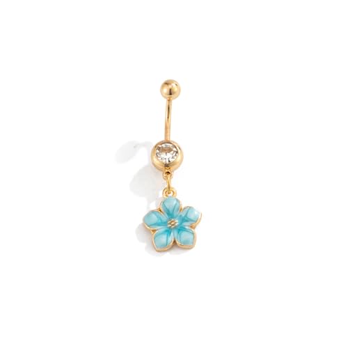 Flower Belly Button Ring for Women 14K Gold Plated Cubic Zirconia Navel Piercing Jewelry Stainless Steel CZ Crystal Charm Belly Ring Hypoallergenic Belly Bar for Women - color: Bue