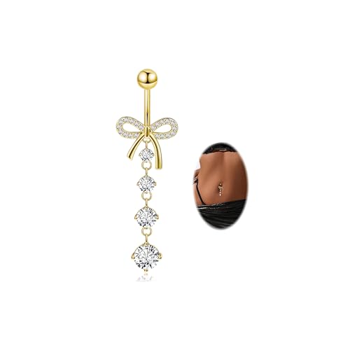 REVOLIA 14G F136 Titanium Dangle Belly Button Ring for Women Dangling Navel Ring Hypoallergenic Belly Ring Externally Threaded Barbell CZ Bow Navel Piercing Jewelry - color: Gold