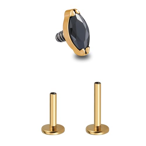 1PC Tragus Conch Helix Flat Labret Piercing Jewelry 16G 6mm 8mm - ASTM F136 Titanium Cartilage Earring Flatback Stud, Implant Grade Internally Threaded Hypoallergenic Body Jewelry (Clear CZ) - color: Black Marquise CZ - Gold