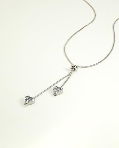 Silver Heart Lariat Necklace Dainty Double Heart Pendant Y-shaped Snake Chain Necklace for Women Adjustable Choker Sterling Silver Jewelry Gift