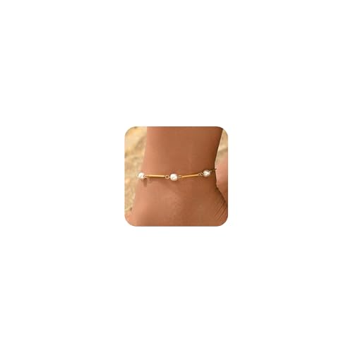 Anklets for Women, 18K Gold Plated Dainty Ankle Bracelets with Tennis, Pearl, Daisy, Lip, Snake Chain, Layered CZ Anklet Waterproof, Adjustable Boho Summer Beach Foot Jewelry - style: 3 Pearls