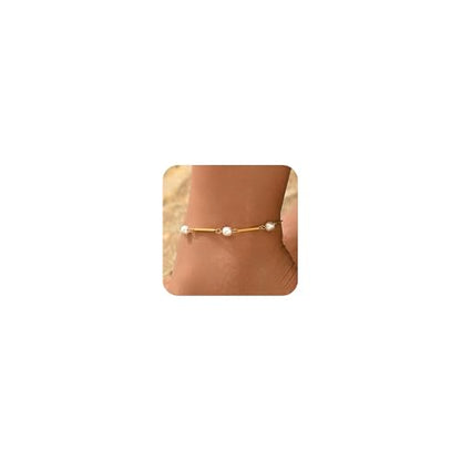 Anklets for Women, 18K Gold Plated Dainty Ankle Bracelets with Tennis, Pearl, Daisy, Lip, Snake Chain, Layered CZ Anklet Waterproof, Adjustable Boho Summer Beach Foot Jewelry - style: 3 Pearls
