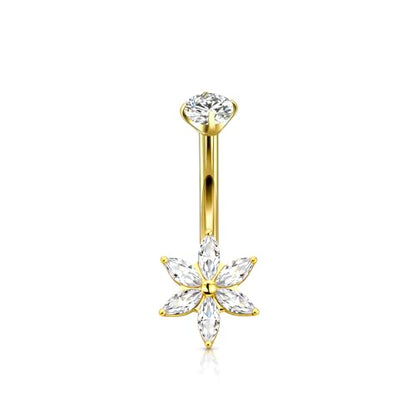 XUU Titanium Belly Button Rings 14G, Implant-Grade Navel Piercing, Luxury CZ Shape with Flower Butterfly, Hypoallergenic Curved Barbell Jewelry for Women, Gold or Silver - style: Flower-Gold