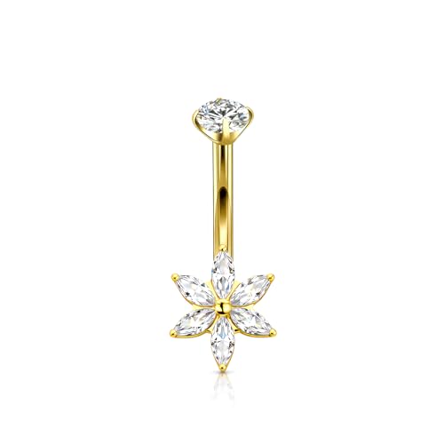 XUU Titanium Belly Button Rings 14G, Implant-Grade Navel Piercing, Luxury CZ Shape with Flower Butterfly, Hypoallergenic Curved Barbell Jewelry for Women, Gold or Silver - style: Flower-Gold