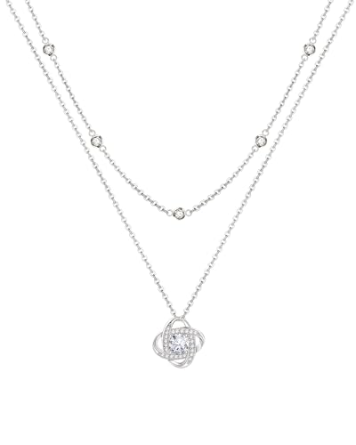 ACECHA Silver Necklace for Women, Dainty Layered Stack Set | silver plated, stackable, choker necklaces with cz pendant, ideal for daily prom wedding jewelry - color: silver-double clover