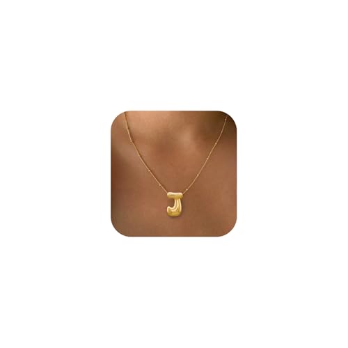 Bheop Initial Necklace for Women, Gold Silver A-Z Bubble Letter Necklace | Chunky Personalized Monogram Name Pendant, Cute Balloon Charm, Dainty Beaded Chain, Trendy Jewelry Gifts, Non Tarnish - color: Gold, style: J