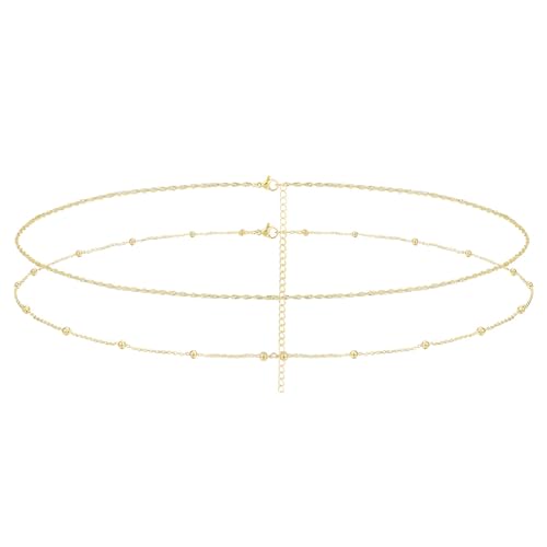 Yowivon Waist Chain for Women, 14K Gold Plated Body Chain, Dainty Cuban Layered Belly Beads Chains, Waterproof Adjustable Sexy Bikini Beach Jewelry Accessories Daily Belts Gifts - style: 2Pcs-Plain