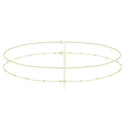 Yowivon Waist Chain for Women, 14K Gold Plated Body Chain, Dainty Cuban Layered Belly Beads Chains, Waterproof Adjustable Sexy Bikini Beach Jewelry Accessories Daily Belts Gifts - style: 2Pcs-Plain