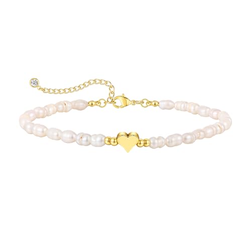 BERISO Gold/Silver Pearl Bracelets - 14K Gold Plated Dainty Pearls Beaded Chain Heart Bracelets - style: Pearl Heart-Gold