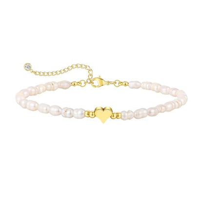 BERISO Gold/Silver Pearl Bracelets - 14K Gold Plated Dainty Pearls Beaded Chain Heart Bracelets - style: Pearl Heart-Gold
