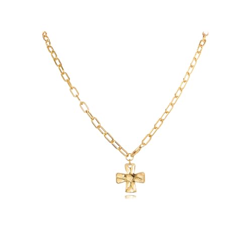 Chunky Cross Necklace for Women,Gold Silver Layered Hammered Cross Pendant Necklace Statement Paperclip Toggle Charm Chain Herringbone Snake Choker Christian Jewelry Outfit Accessories - color: BGold