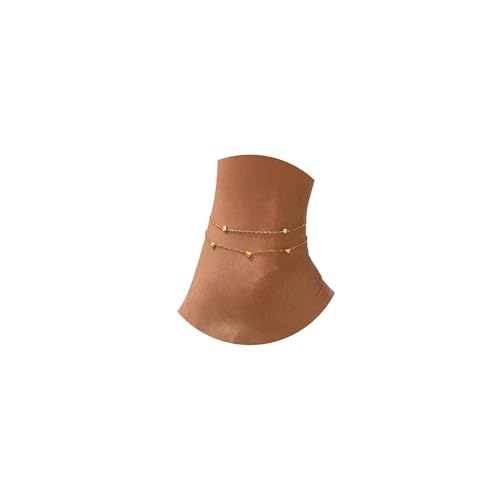 NONAMOIS Ankle Bracelets for Women Dainty 18K Gold Plated Anklet Waterproof Round Beaded Paperclip Herringbone Pearl Chain Anklets Waterproof Beach Foot Jewelry - color: 2Layered CZ Heart-Gold