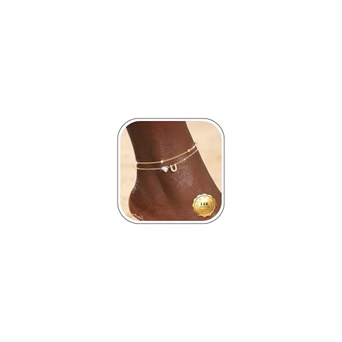 Kakonia Double Layer Initial Anklet for Women, 14K Gold Plated Heart Ankle Bracelet, Personalized A-Z Letter, Waterproof Non Tarnish Cubic Zirconia Dainty Adjustable Summer Beach Jewelry Gift - style: Letter U