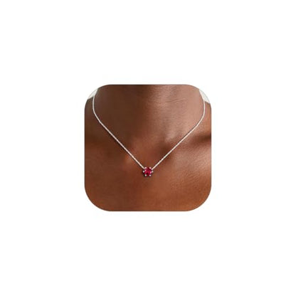Silvora Heart/Round Birthstone Necklace for Women, Sparkling Crystal Pendant, Dainty Birth Month Jewelry, Adjustable 16"+2" Chain - color: Silver, style: July Round