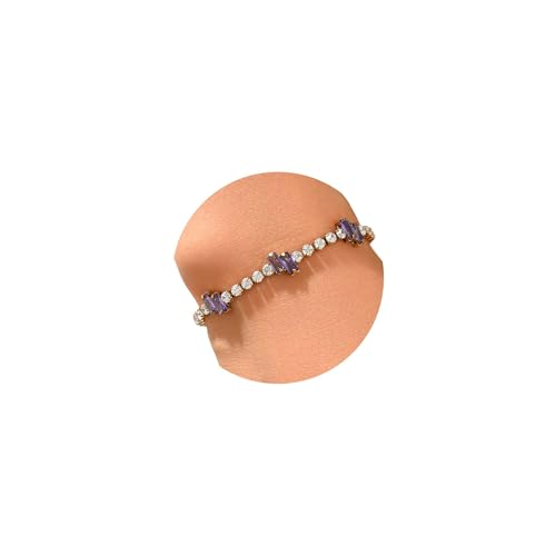 18K Gold Plated Cubic Zirconia Tennis Bracelet for Women Sparkling Stackable Stainless Steel Jewelry Hypoallergenic Tarnish Resistant Bridal Gift - color: Purple Baguette CZ-Gold