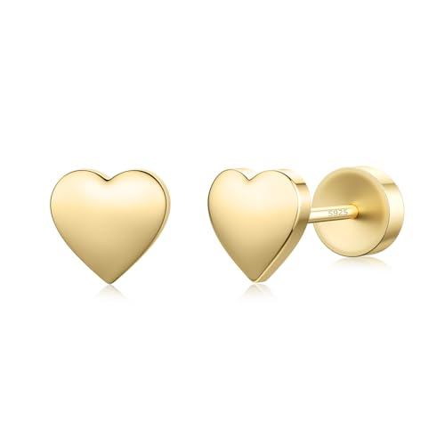 JIAYIQI Minimalist 925 Sterling Silver Stud Earrings Set, 14K Gold Plated Hypoallergenic Tiny Bar Dot Heart Star Studs for Women & Men - style: Gold-Heart-Flatback-1 Pair