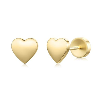 JIAYIQI Minimalist 925 Sterling Silver Stud Earrings Set, 14K Gold Plated Hypoallergenic Tiny Bar Dot Heart Star Studs for Women & Men - style: Gold-Heart-Flatback-1 Pair