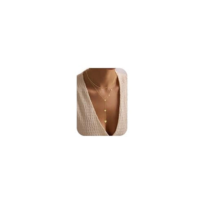 Yoosteel Long 14K-Gold-Plated Necklace for Women,Layered Lariat Necklaces | Dainty Y Drop Necklaces, Western Necklace Stack,Simple Bar Heart Circle Pendant,Prom Choker Chain Jewelry,Trendy Gifts - color: Layered Heart Bead Y-Shaped Necklace