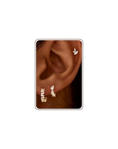 3 Pairs Earring Stacks, Gold Earring Set Jewelry Gift for Women | Small, 14K Gold/White Gold/Black/Rose Gold Plated, Hypoallergenic, Her, Everday, Stackable, Simple, 3 Holes - color: Gold-Geometric