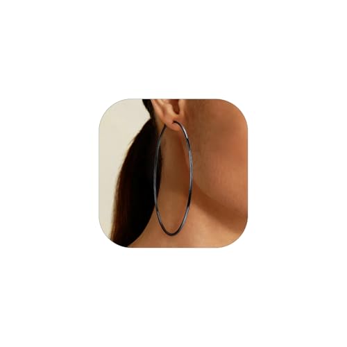 FOCALOOK 14K Gold Plated Lightweight Large Hoops| 2mm Thin Hoop Earrings for Women 30/40/50/70/100mm - color: 01.Black, size: 100mm