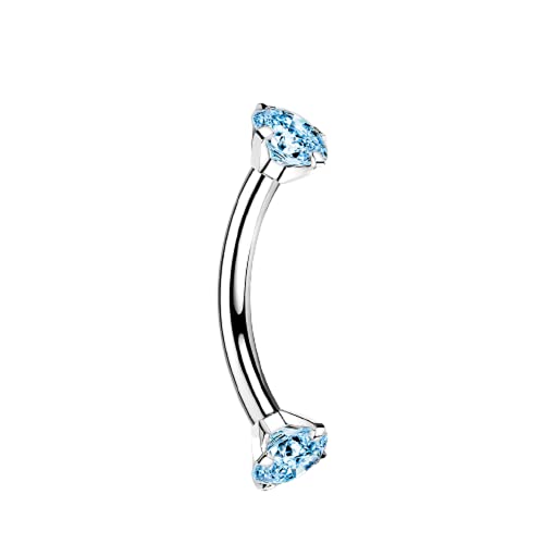 Pierced Owl - 16GA G23 Implant Grade Titanium Internally Threaded Prong Set CZ Crystal Ends Cartilage Helix Daith Rook Eyebrow Curved Barbell - color: Silver Tone / Aqua