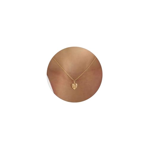 HANLI 14K Gold Plated Necklaces for Women - Dainty Butterfly, Star of David, Moon and Star, Sun, Lotus, Infinity, Hummingbird, Bee,Boots,Chill,Sunflower Pendant Designs - Elegant Jewelry for Women - color: Monstera Leaf