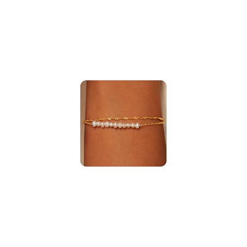 SLOONG 14K Gold Plated Pearl Bracelets for Women Trendy | Dainty Stackable Layered Chain Bridesmaid Bracelets, Waterproof Wedding Jewelry for Women Adjustable 6"+2" - color: Style2(Pearl)