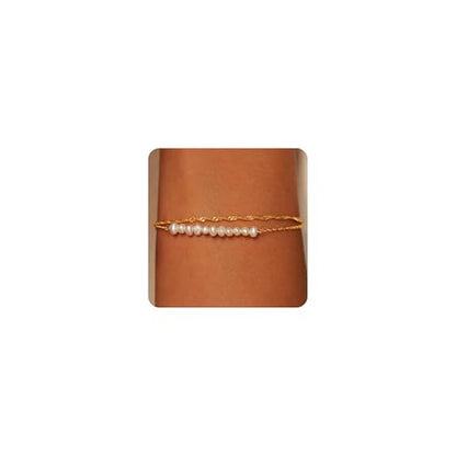 SLOONG 14K Gold Plated Pearl Bracelets for Women Trendy | Dainty Stackable Layered Chain Bridesmaid Bracelets, Waterproof Wedding Jewelry for Women Adjustable 6"+2" - color: Style2(Pearl)