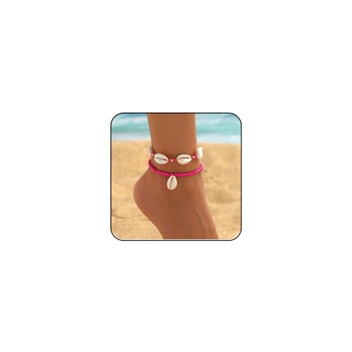 INENIMARTJ Puka Shell Anklets Bracelet for Women Colorful Shell Beaded Anklet Summer Ocean Hawaiian Beach Foot Jewelry Mermaid Seashell Anklets Jewelry for Women - color: rose red
