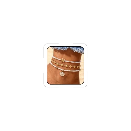 Gold Shell Ankle Bracelets for Women Adjustable Boho Beach Jewelry Set With Starfish Conch Pearl Bead Summer Vacation Foot Accessories Gifts for Travel - color: Gold-C