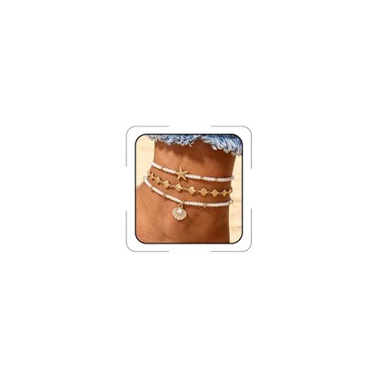 Gold Shell Ankle Bracelets for Women Adjustable Boho Beach Jewelry Set With Starfish Conch Pearl Bead Summer Vacation Foot Accessories Gifts for Travel - color: Gold-C