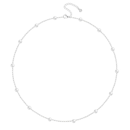 FUNEIA Dainty Pearl Necklace for Women 14K Gold Plated Faux Pearl Choker Necklaces Trendy White Silver Small Pearl Necklace Strand Wedding Prom Bridal Pearls Jewelry 14/16/18/20 Inches - color: 4mm-silver