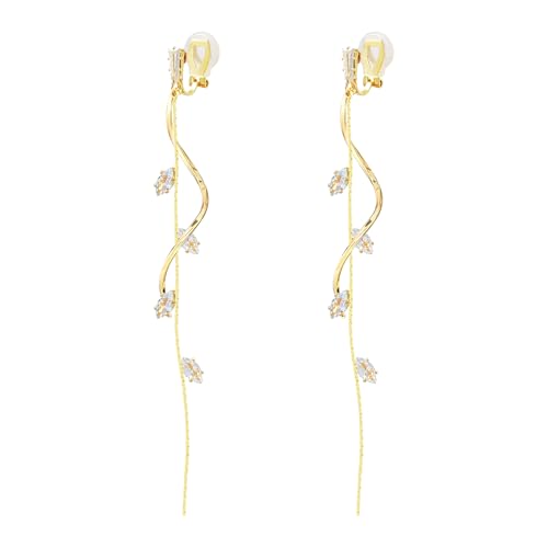 ASOQOLA Clip on Earrings Non Pierced for Women Long Dangle Drop Clip Earrings - Cubic Zirconia Leaf Earrings for Women Wedding Party Prom Jewelry Gifts - color: gold