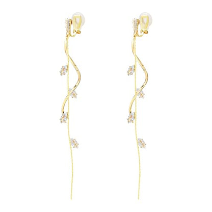 ASOQOLA Clip on Earrings Non Pierced for Women Long Dangle Drop Clip Earrings - Cubic Zirconia Leaf Earrings for Women Wedding Party Prom Jewelry Gifts - color: gold