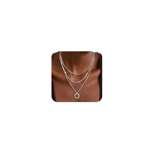 Cuzmly Layered Silver Necklaces for Women, Sterling Silver Stackable Stack Choker Necklaces for Women Trendy Layering Circle Pendant Chain Necklace Set Jewelry for Women - style: Circle