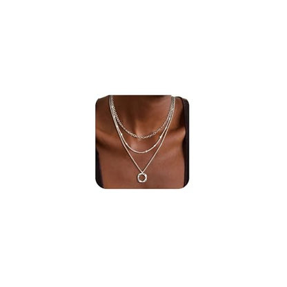 Cuzmly Layered Silver Necklaces for Women, Sterling Silver Stackable Stack Choker Necklaces for Women Trendy Layering Circle Pendant Chain Necklace Set Jewelry for Women - style: Circle