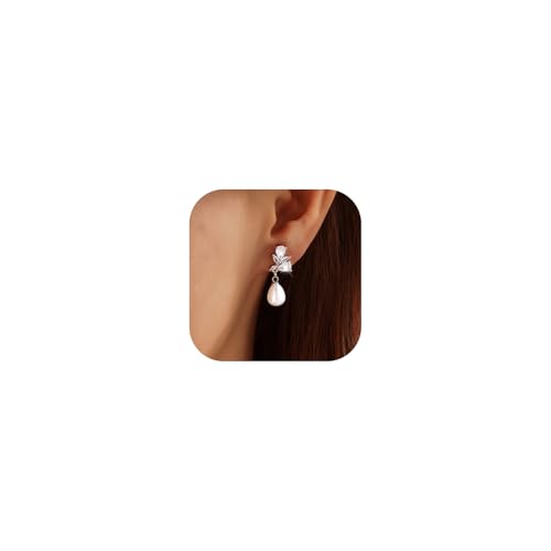 Pearl Earrings for Women, 14k Gold Plated Trendy Diamond Pearl Drop Earrings Bridal Shower Gifts Wedding jewelry for Women - color: Style J Silver