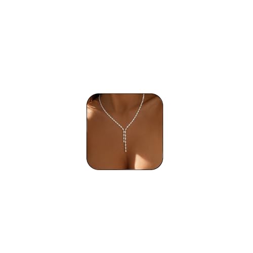 STONEFANS Long Tennis Necklaces for Women - Dainty Silver Lariat Necklace Rhinestone Y Shaped Drop Necklace Cute Choker Necklaces for Women Trendy Silver Prom Jewelry Gifts - color: Silver-Oval Y