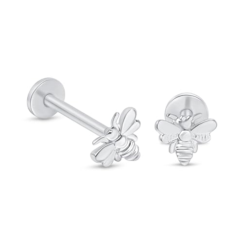 14K Solid Gold Cute Bumblebee Flat Back Stud Earring Internally Threaded Cartilage Earring for Helix, Tragus & Lobe Nose Ring Hypoallergenic Comfy Minimalist Stud Earring SINGLE or PAIR - color: D - White Gold - Pair, size: Post Length: 6.5mm