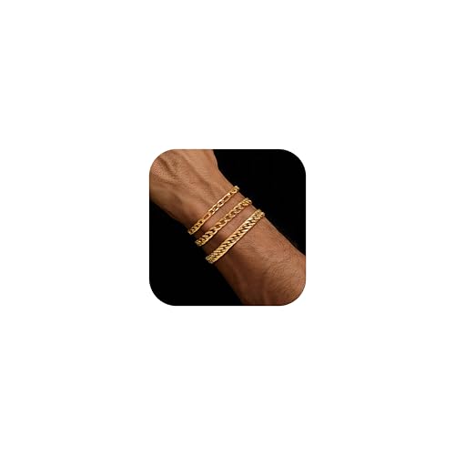 3PCS Stainless Steel Chain Bracelets for Men Women Gold Cuban Figaro Link Chain Bracelet Men's Curb Chain Bracelets Twisted Wrist Bracelets 7/7.5/8.3/9 Inches - color: Gold