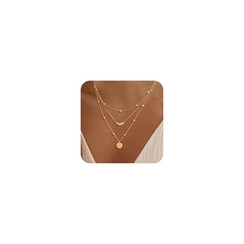 Layered Gold Necklace for Women Trendy,14K Gold Plated Dainty Stackable Cuban Link Herringbone Paperclip Chain Diamond/Coin/Cross/Tag/Mobius Pendant Necklace Set Fashion Jewelry Christmas Gifts - color: Gold Uneven Surface Dot