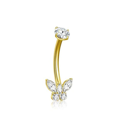 XUU Titanium Belly Button Rings 14G, Implant-Grade Navel Piercing, Luxury CZ Shape with Flower Butterfly, Hypoallergenic Curved Barbell Jewelry for Women, Gold or Silver - style: Butterfly-Gold