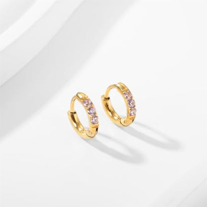 Hypoallergenic Unisex Surgical Steel Small Cubic Zirconia Huggie Hoop Earring, Color Gold - Silver - Rose Gold - Black - Rainbow, Size 6mm- 12mm Safe for Sensitive Ear - style: N02: 6MM - Gold - Pink Cubic Zirconia