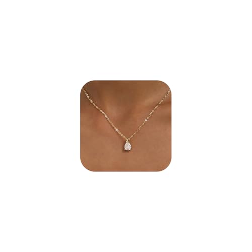 Gold Silver Necklace for Women, Dainty Cubic Zirconia Pendant | Teardrop CZ Charm, 14K Gold/Sterling Silver Plated, Adjustable Chain, Hypoallergenic & Waterproof Jewelry, Cute Trendy Gift - color: Gold-CZ teardrop/cable chain