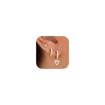 3 Pairs Earring Stacks, Gold Earring Set Jewelry Gift for Women | Small, 14K Gold/White Gold/Black/Rose Gold Plated, Hypoallergenic, Her, Everday, Stackable, Simple, 3 Holes - color: Gold-Diamond Heart