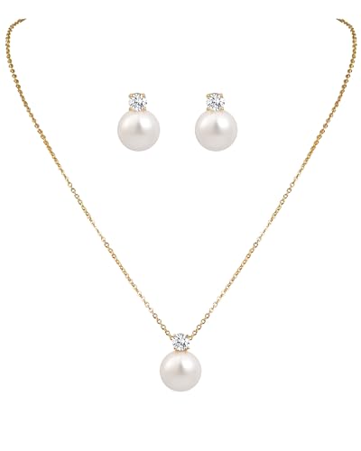 14K Gold Plated Pearl Jewelry Set for Women | Pearl Pendant Necklace and Studs Earrings for Wedding, Bridal, Bridesmaid