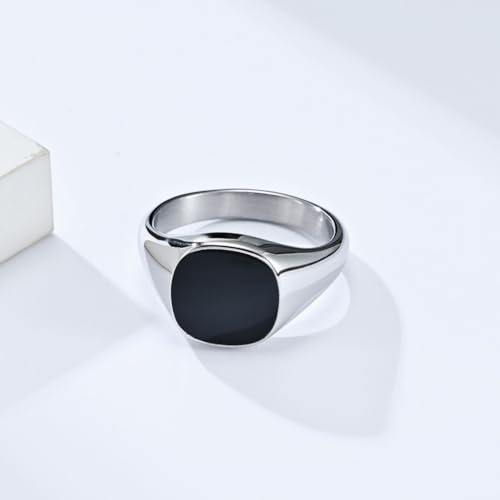PAMTIER Stainless Steel Square Gemstone Inlaid Signet Rings for Women Men Classic Simple Band Minimalist Jewelry Gift - color: Silver